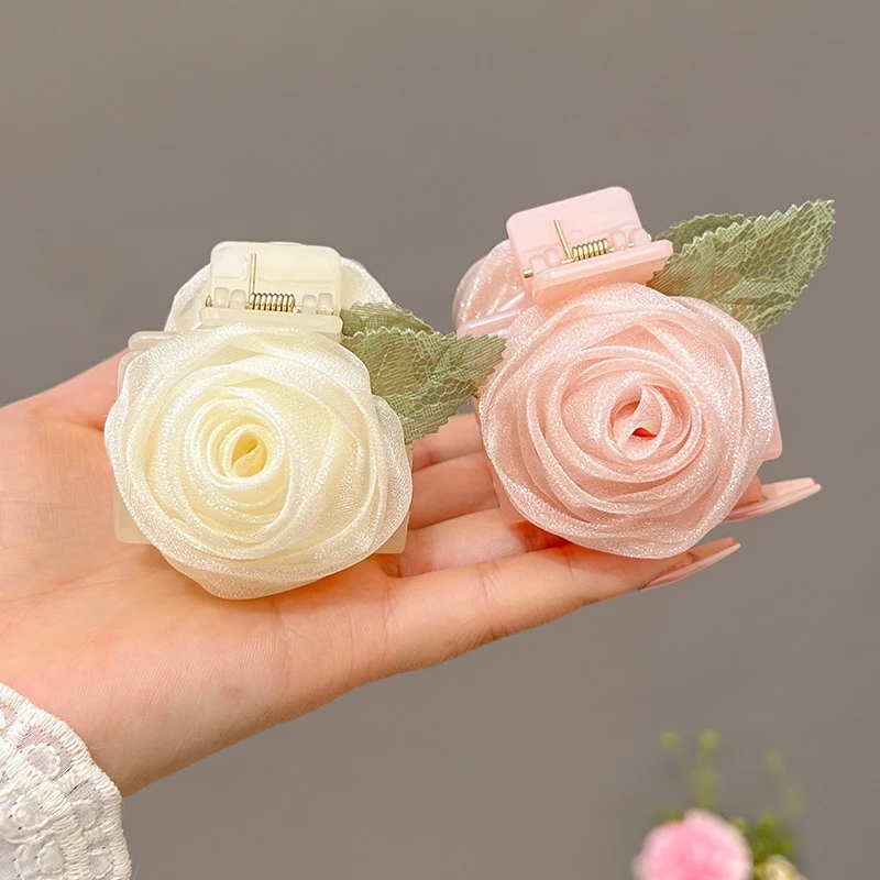 Kẹp Tóc Càng Cua Hoa Hồng Mini Voan Sang Trọng Xinh Xắn Phụ Kiện Tóc