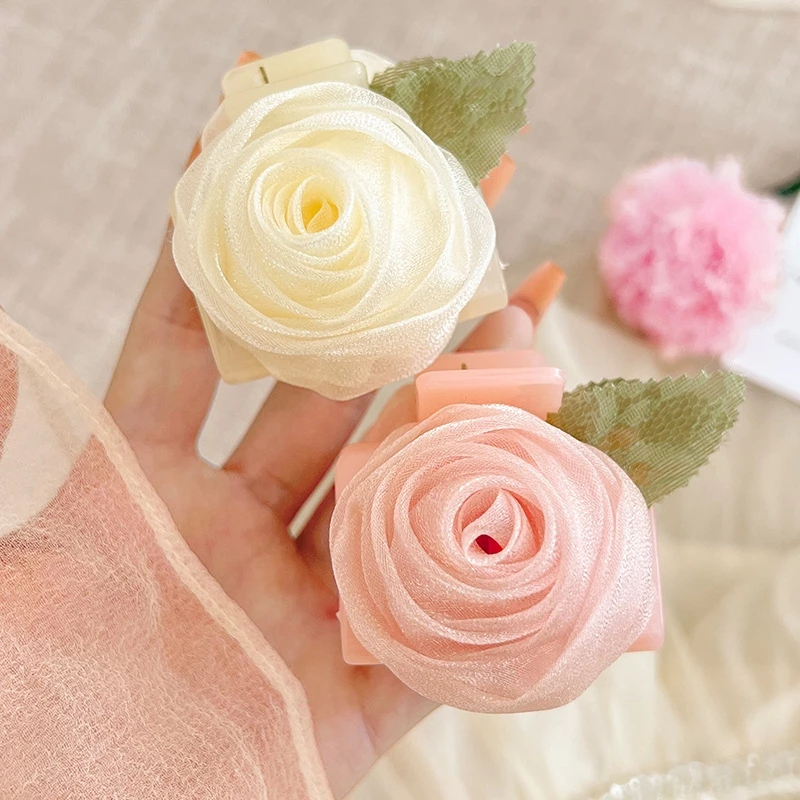 Kẹp Tóc Càng Cua Hoa Hồng Mini Voan Sang Trọng Xinh Xắn Phụ Kiện Tóc