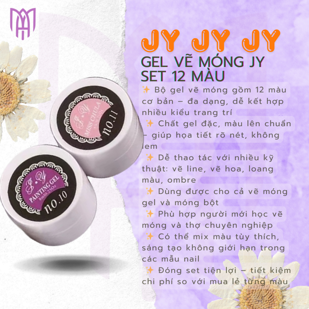 Set 12 Màu Gel Vẽ Trang Trí Móng JY - Chất Đặc Sánh, Có Thể In Khuôn Nail, Nail Gấm 8ml