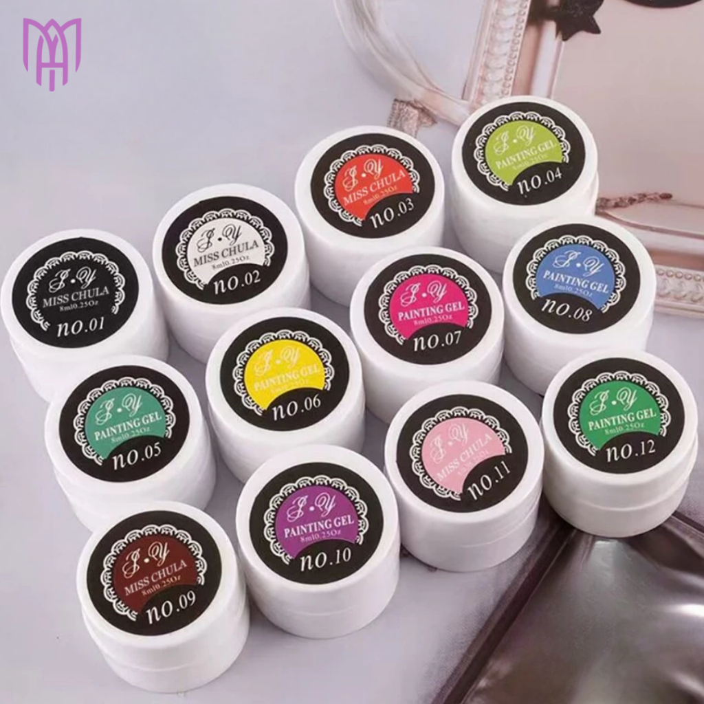 Set 12 Màu Gel Vẽ Trang Trí Móng JY - Chất Đặc Sánh, Có Thể In Khuôn Nail, Nail Gấm 8ml