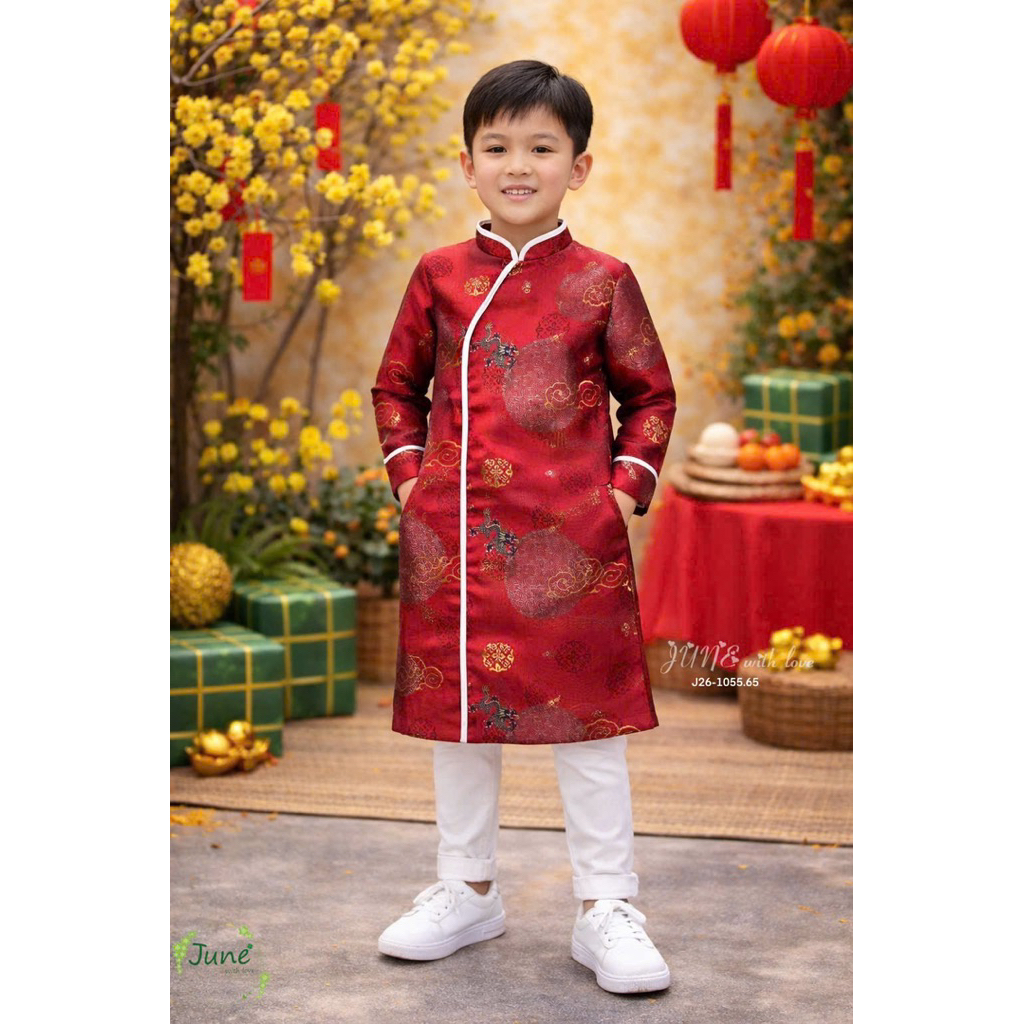 Áo Dài Bé Trai Gấm Nhũ Lót Lụa Cao Cấp 1005 Mặc Lễ Tết Size 1-10Y (10-40kg)