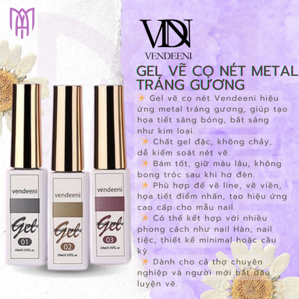 Gel Vẽ Cọ Nét Vendeeni Metal Tráng Gương Có Sẵn Cọ - Nhũ Vàng, Nhũ Bạc, Nhũ Hồng 10ml