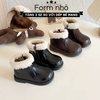 Sz 22-31 Bốt Da Vintage Phối Cổ Lông Cừu Khóa Cạnh Cho bé Gái Từ 2 Tuổi K135