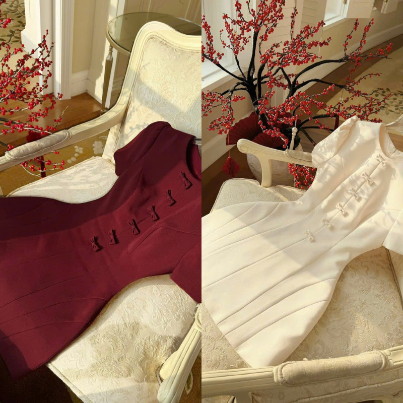 ZIMM STORE-Đầm đỏ đô cổ tròn đính nơ Vintage váy nữ dự tiệc cao cấp chất liệu dày dặn co giãn nhẹ