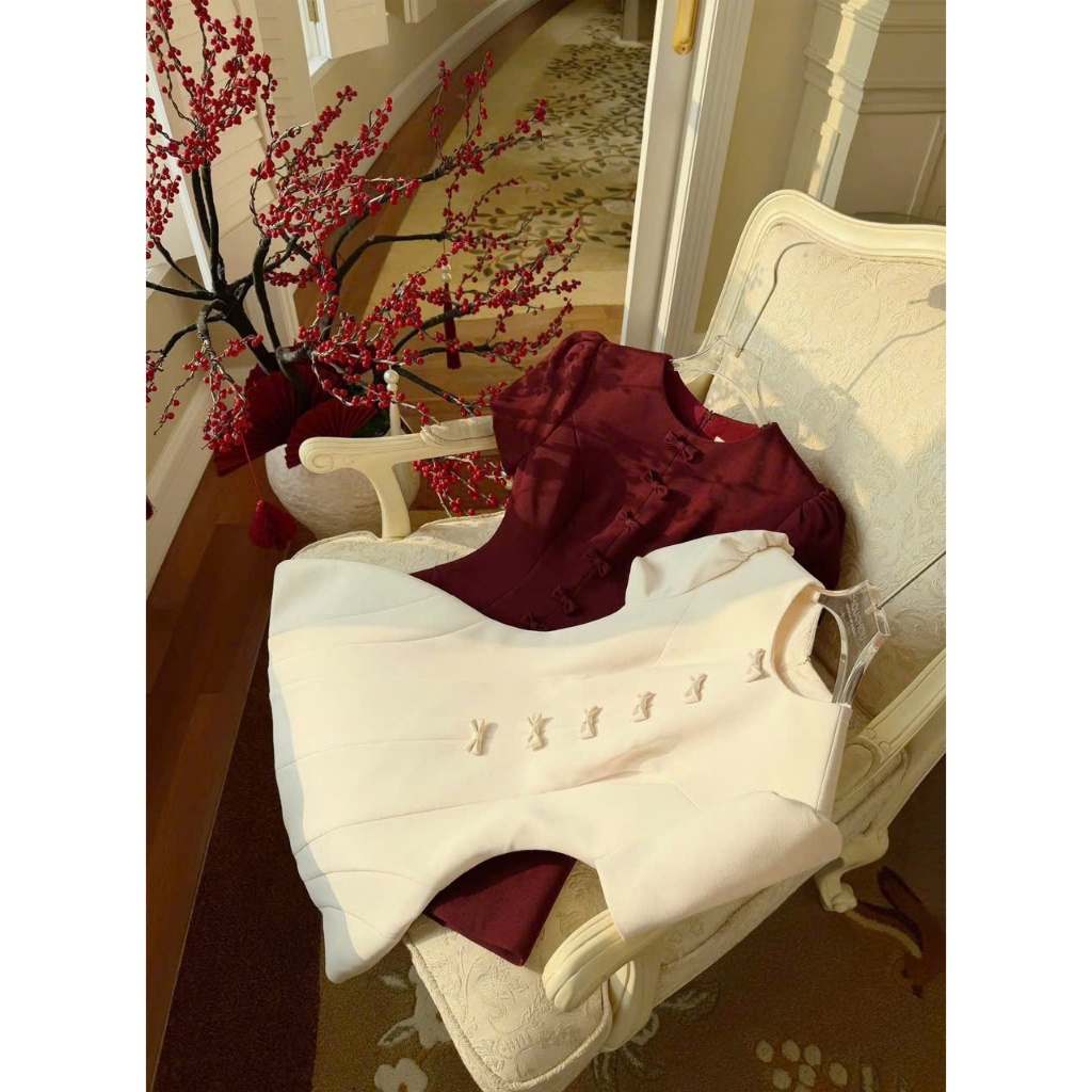 ZIMM STORE-Đầm đỏ đô cổ tròn đính nơ Vintage váy nữ dự tiệc cao cấp chất liệu dày dặn co giãn nhẹ