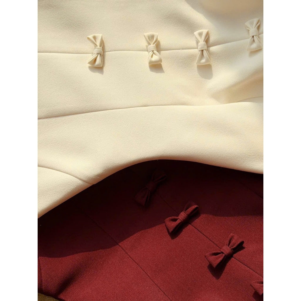 ZIMM STORE-Đầm đỏ đô cổ tròn đính nơ Vintage váy nữ dự tiệc cao cấp chất liệu dày dặn co giãn nhẹ