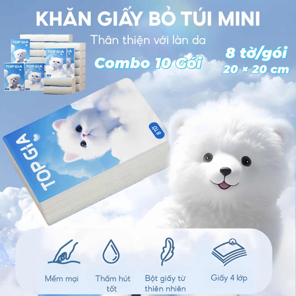 Combo 10 Gói Khăn Giấy Mini TOP GIA Hình Mèo Dễ Thương – 8 Tờ/Gói, 4 Lớp Dày, Nhỏ Gọn Tiện Mang