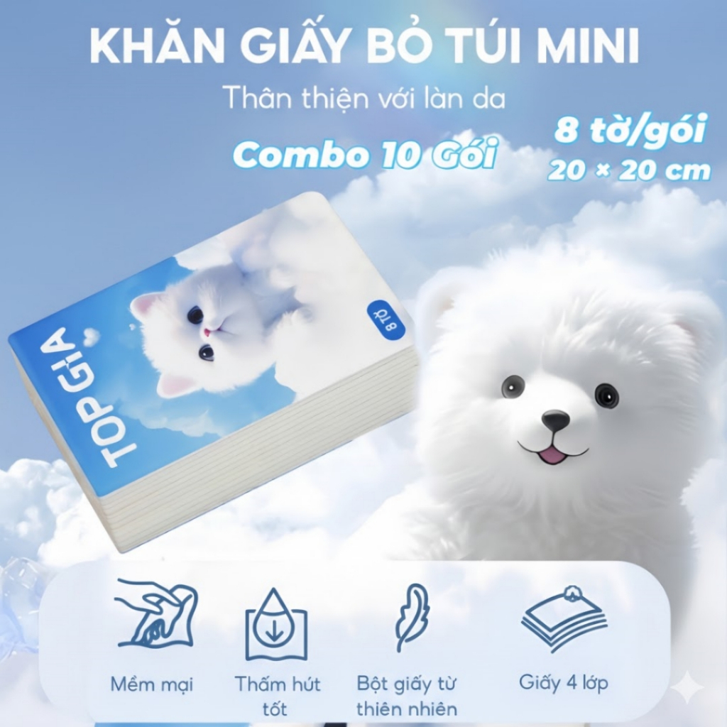 Combo 10 Gói Khăn Giấy Mini TOP GIA Hình Mèo Dễ Thương – 8 Tờ/Gói, 4 Lớp Dày, Nhỏ Gọn Tiện Mang
