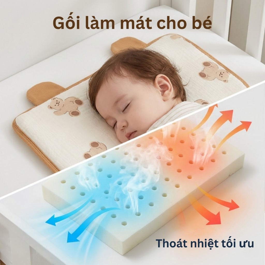 Gối Điều Hòa Cao Su Non BABI1 Cho Bé Sơ Sinh – 3 Tuổi, 63 Lỗ Thoát Khí, Có Gối Lõm Định Hình Đầu