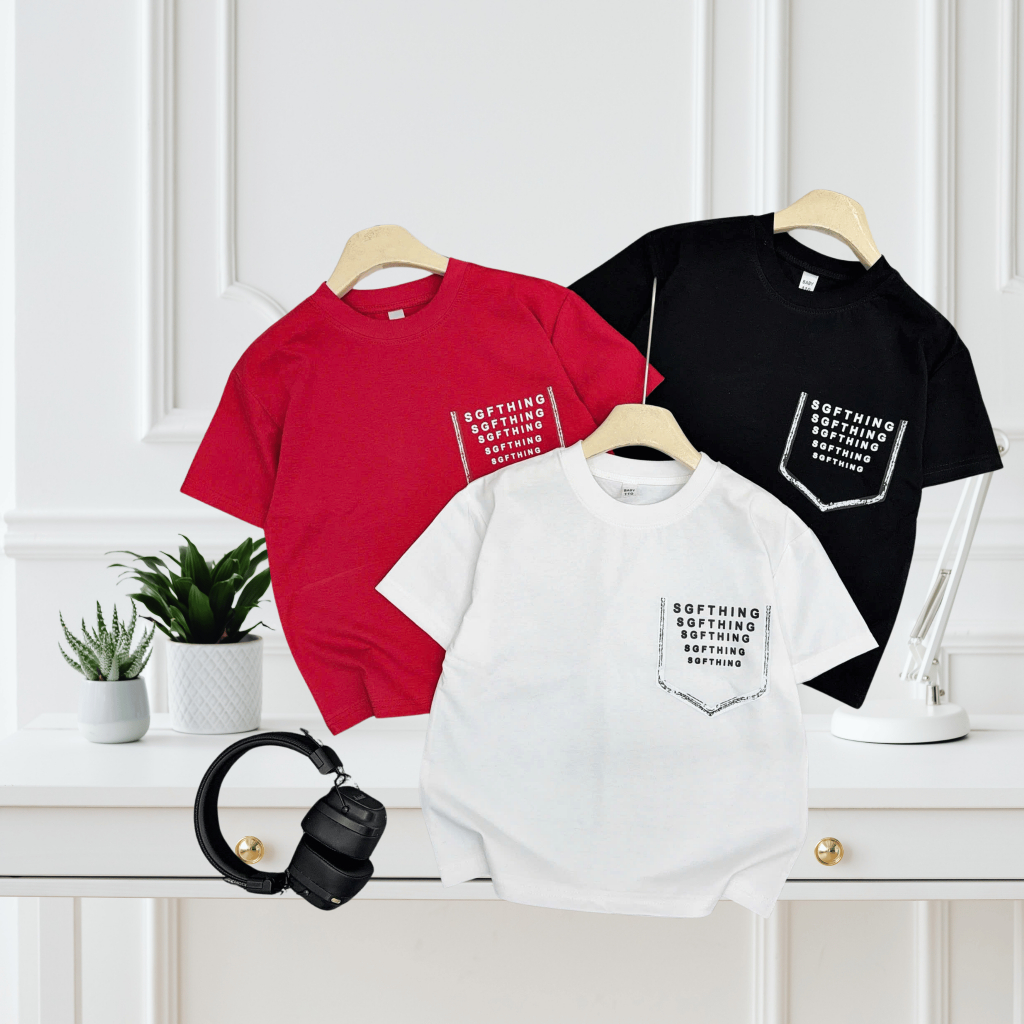 Áo Phông Cộc Tay IN TÚI CHỮ Cho Bé Trai, Chất Cotton Mềm Mịn, Thấm Hút Tốt, Dáng Basic 3 màu, Size từ 17-60kg