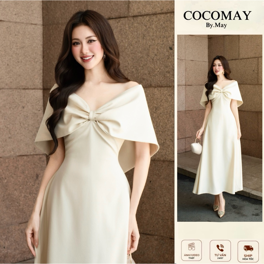 COCOMAY ÉLORA CAPE DRESS- Đầm trể vai nơ midi Nử dress | Shopee Việt Nam