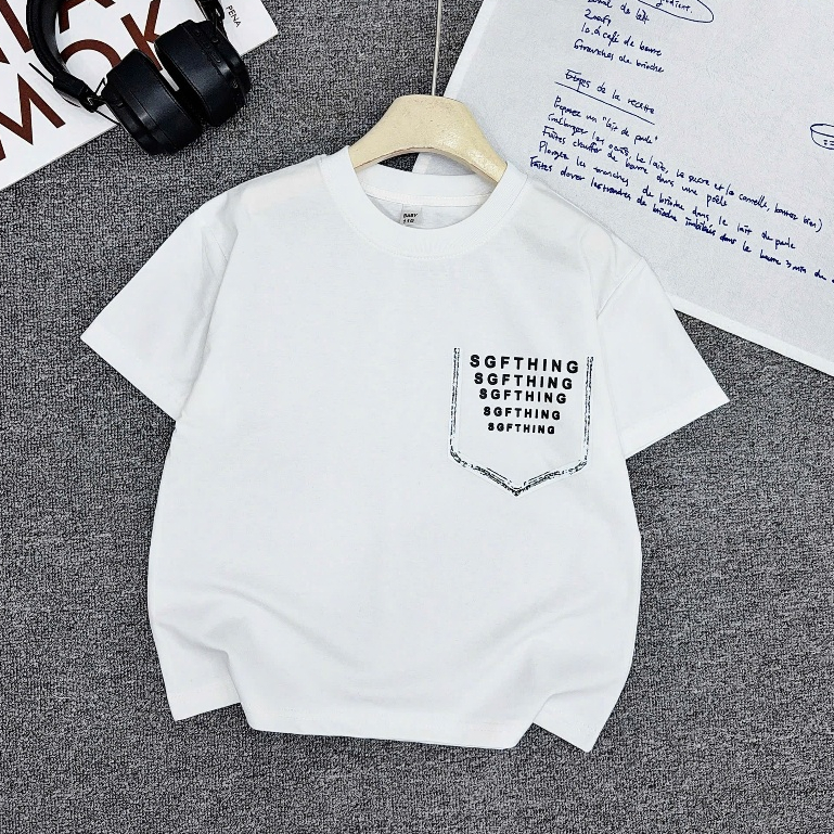 Áo Phông Cộc Tay IN TÚI CHỮ Cho Bé Trai, Chất Cotton Mềm Mịn, Thấm Hút Tốt, Dáng Basic 3 màu, Size từ 17-60kg