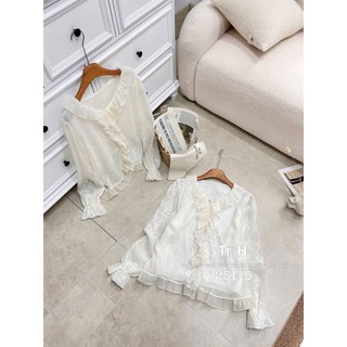 LOU BAE| (HÀNG QC) Áo Sơ Mi Nữ Tay Dài Cổ V Viền Bèo Chất Tơ Mỏng Nhẹ