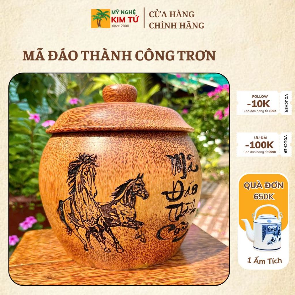 [ TẶNG ẤM 500ML - 1200ML ] Bình Ủ Ấm Trà Gỗ Dừa Điêu Khắc MÃ ĐÁO THÀNH CÔNG TRƠN, Giữ Nhiệt Cao Cấp, Trang Trí Decor