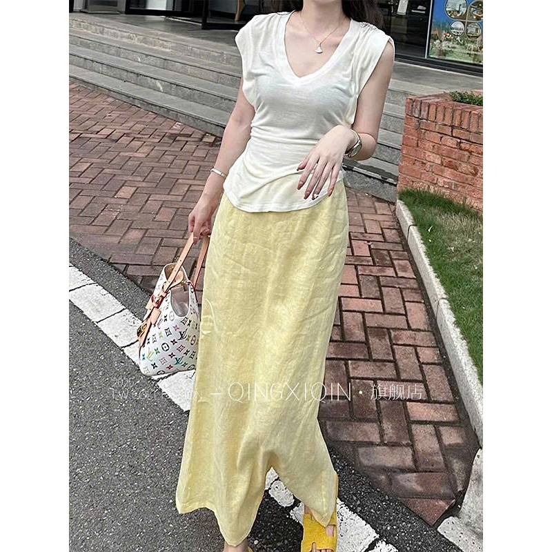 𝗠𝗶𝗲 - Chán váy Linen xẻ sau