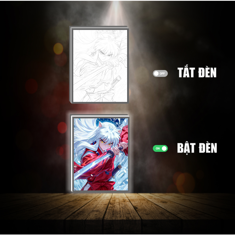 Tranh đèn led 3D đổi màu Inuyasha - Tranh đèn led 3D ANIME trang trí bàn làm việc, đèn ngủ