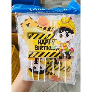 Bịch 10 set hình cắm Cần Cẩu, Máy Xúc, Xe Công Trường, biển báo đường- Phụ kiện trang trí cắm bánh kem, bánh sinh nhật