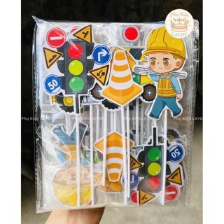 Bịch 10 set hình cắm Cần Cẩu, Máy Xúc, Xe Công Trường, biển báo đường- Phụ kiện trang trí cắm bánh kem, bánh sinh nhật