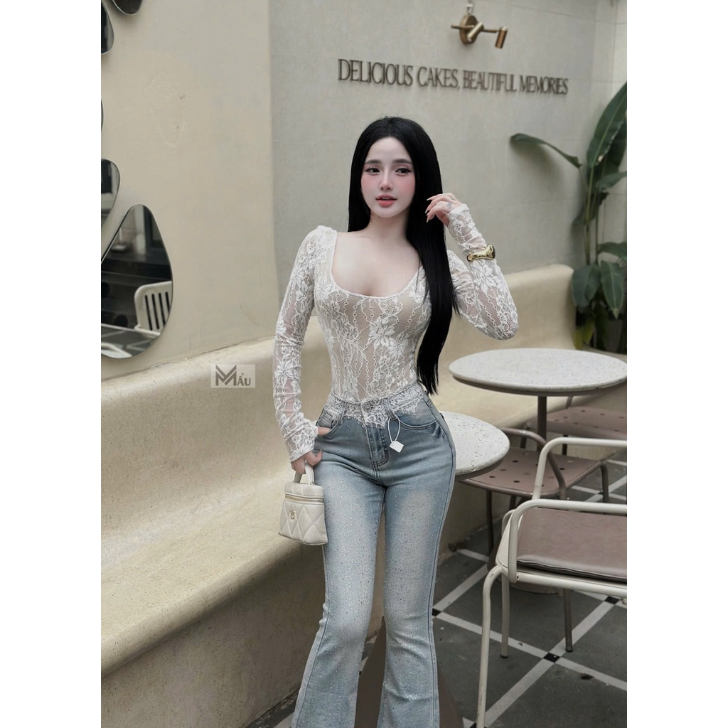 Áo bodysuit ren dài tay cổ tròn khoét sâu ôm dáng siu đẹp A06