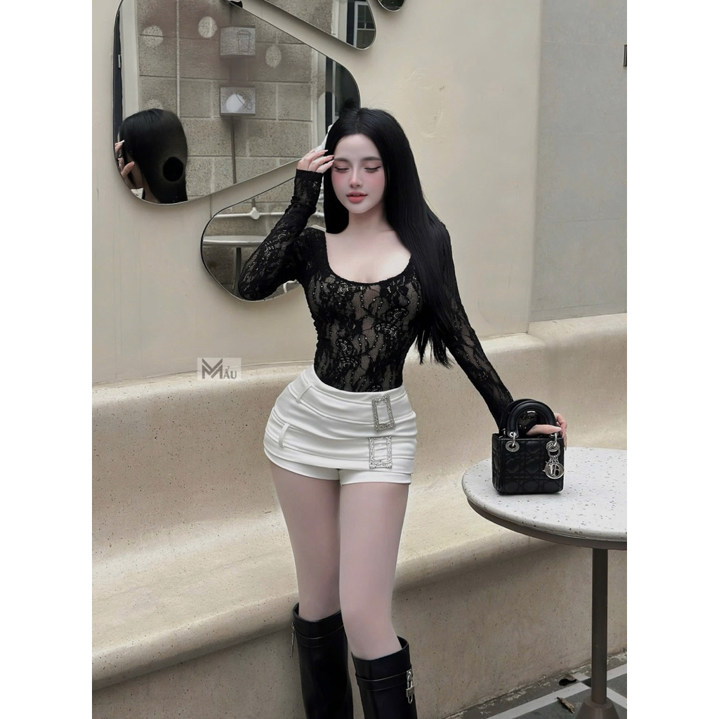 Áo bodysuit ren dài tay cổ tròn khoét sâu ôm dáng siu đẹp A06