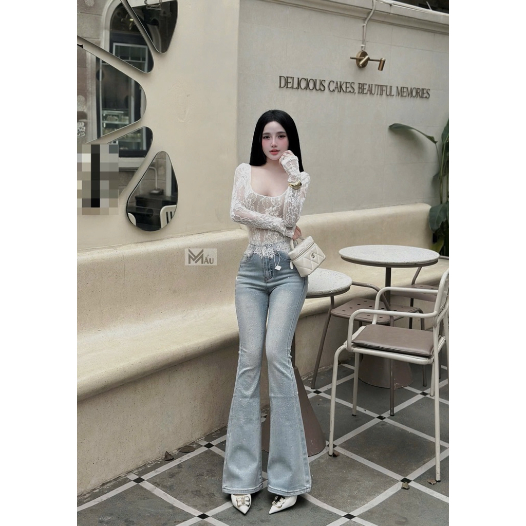 Áo bodysuit ren dài tay cổ tròn khoét sâu ôm dáng siu đẹp A06