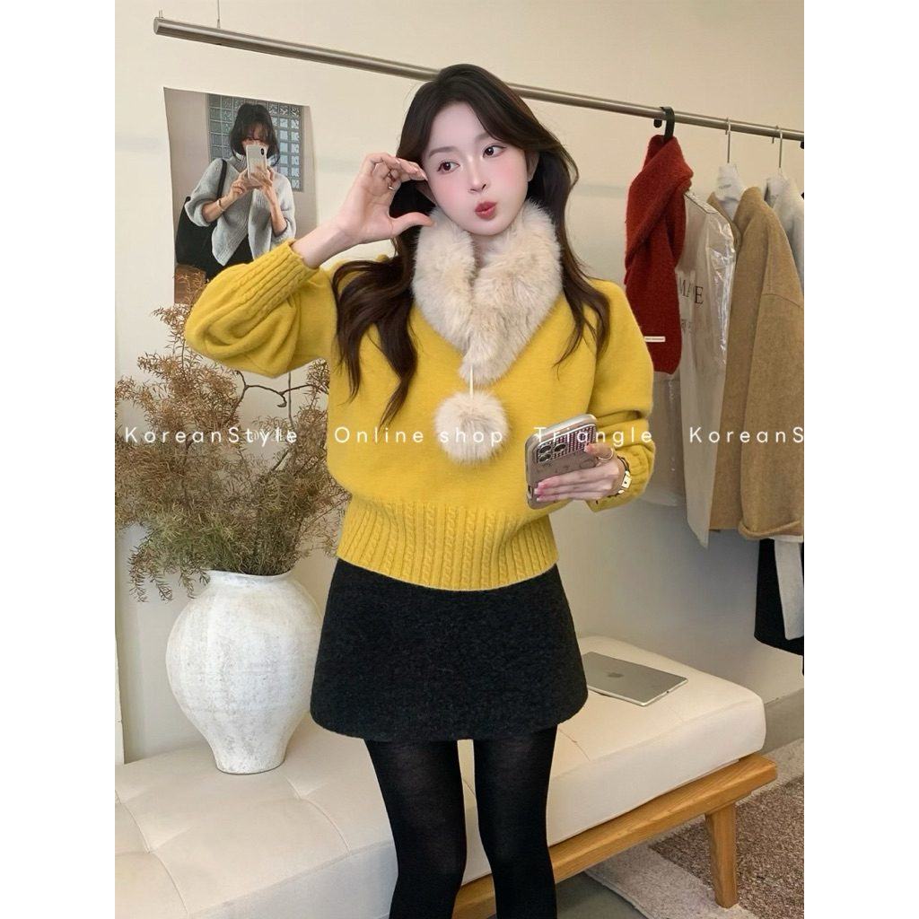 TRIANGLE - Oval Sweater (Cân nhắc kỹ, returned is not welcomed)- Áo len phối cổ lông (có thể tháo rời)