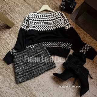 SET ÁO LEN LỆCH VAI MIX CHÂN VÁY DẠ HÀNG QC HOT