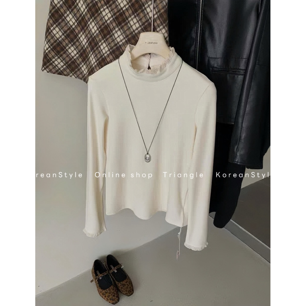 Triangle -Germe long sleeved shirt(Cân nhắc kỹ, return is not welcomed)-Áo kiểu dài tay giữ nhiệt Hàn Quốc lót nhung mềm
