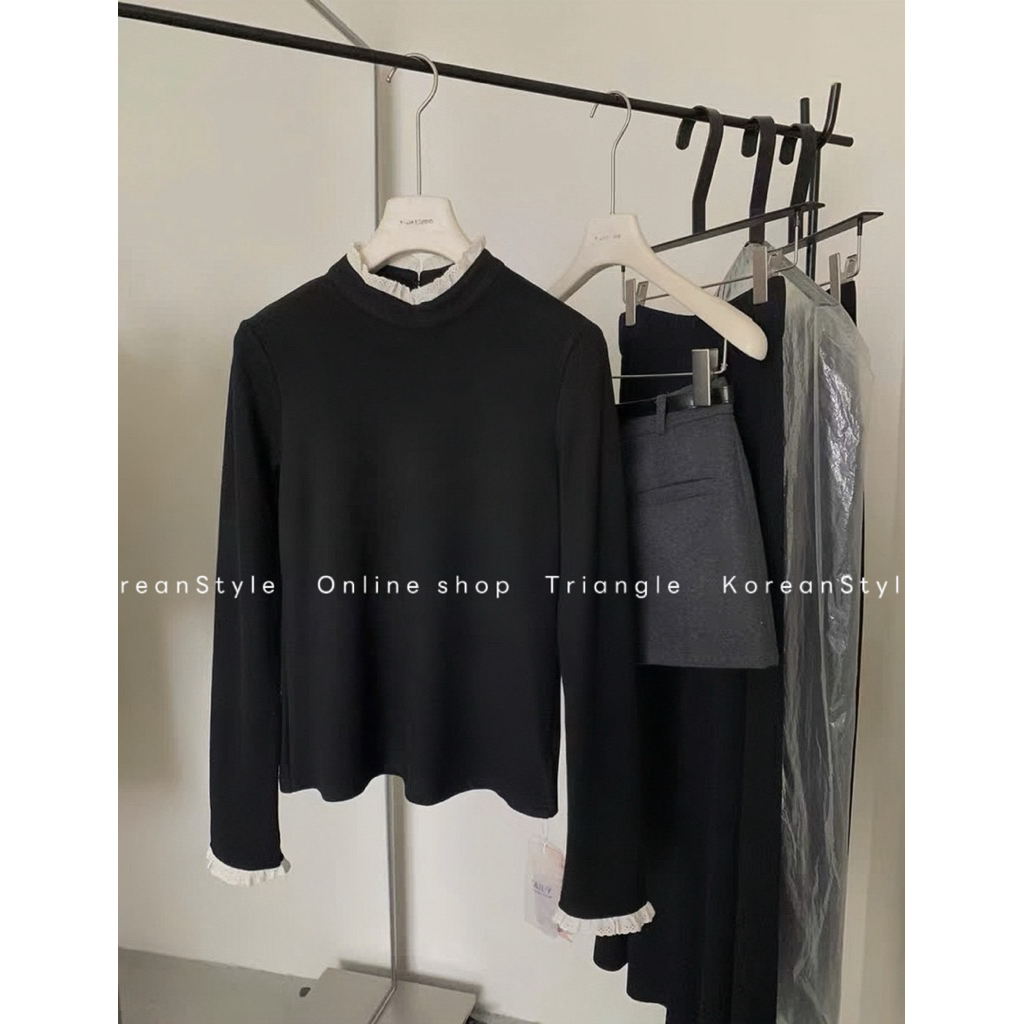 Triangle -Germe long sleeved shirt(Cân nhắc kỹ, return is not welcomed)-Áo kiểu dài tay giữ nhiệt Hàn Quốc lót nhung mềm
