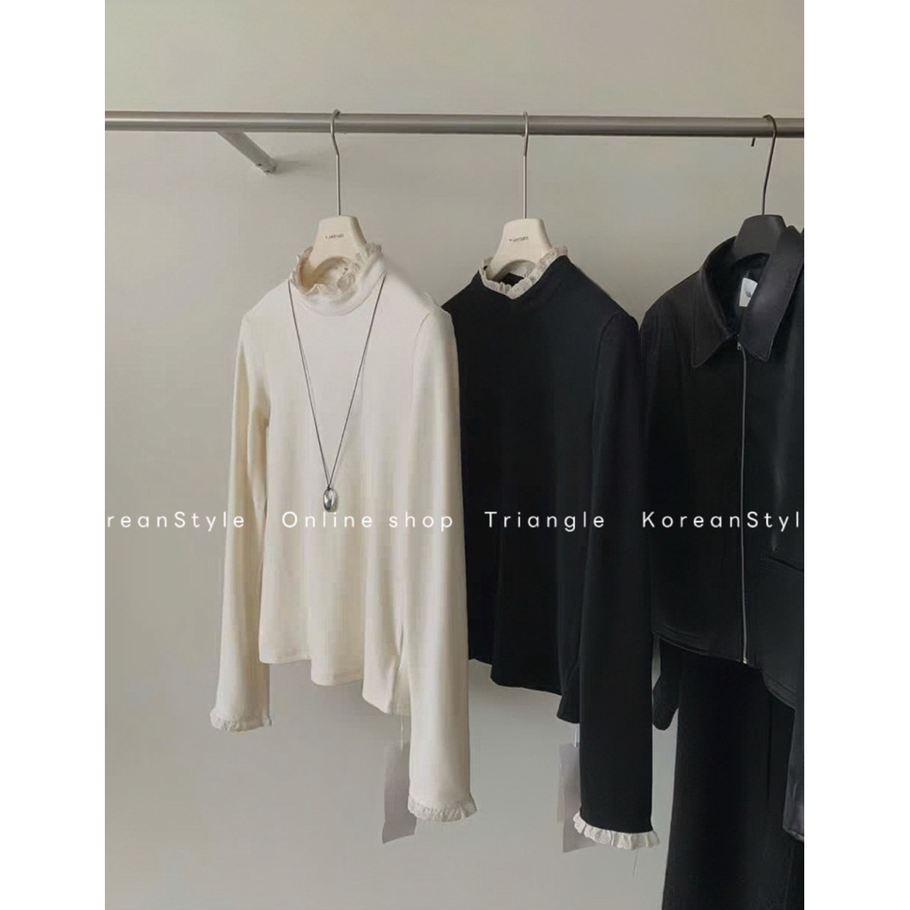 Triangle -Germe long sleeved shirt(Cân nhắc kỹ, return is not welcomed)-Áo kiểu dài tay giữ nhiệt Hàn Quốc lót nhung mềm