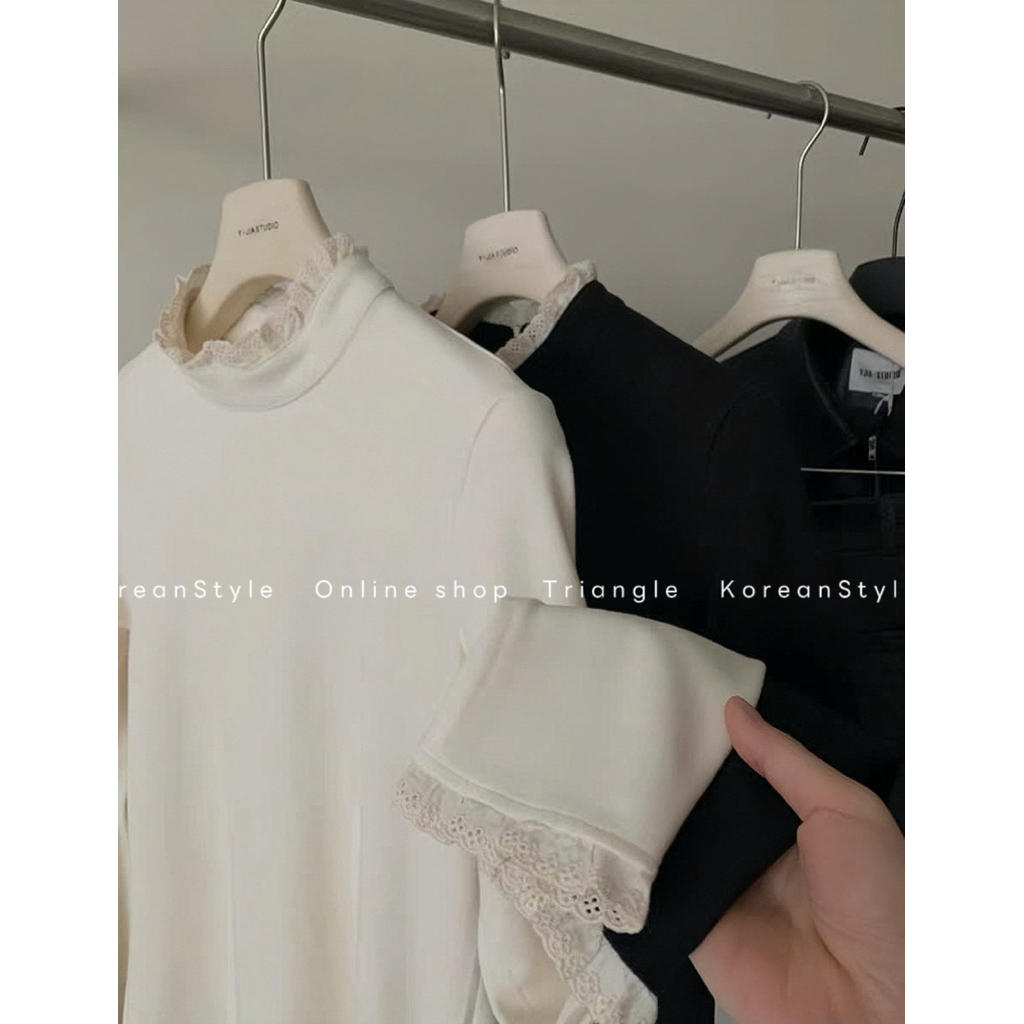 Triangle -Germe long sleeved shirt(Cân nhắc kỹ, return is not welcomed)-Áo kiểu dài tay giữ nhiệt Hàn Quốc lót nhung mềm