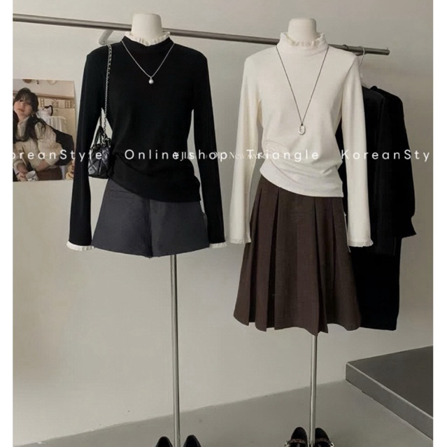 Triangle -Germe long sleeved shirt(Cân nhắc kỹ, return is not welcomed)-Áo kiểu dài tay giữ nhiệt Hàn Quốc lót nhung mềm