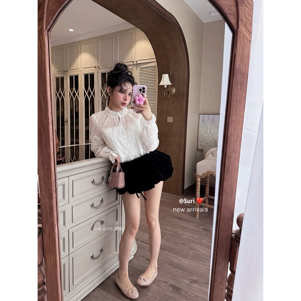 Chân váy nhung bí phồng nơ kim anh bùi