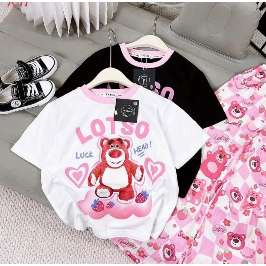 BỘ ĐỒ CHO BÉ GÁI QUẦN SUÔNG ỐNG RỘNG PHỐI VỚI ÁO THUN CỘC TAY IN HÌNH GẤU LOTSO CÓ 2 MẦU DÀNH CHO BÉ GÁI sz từ 14-45kg