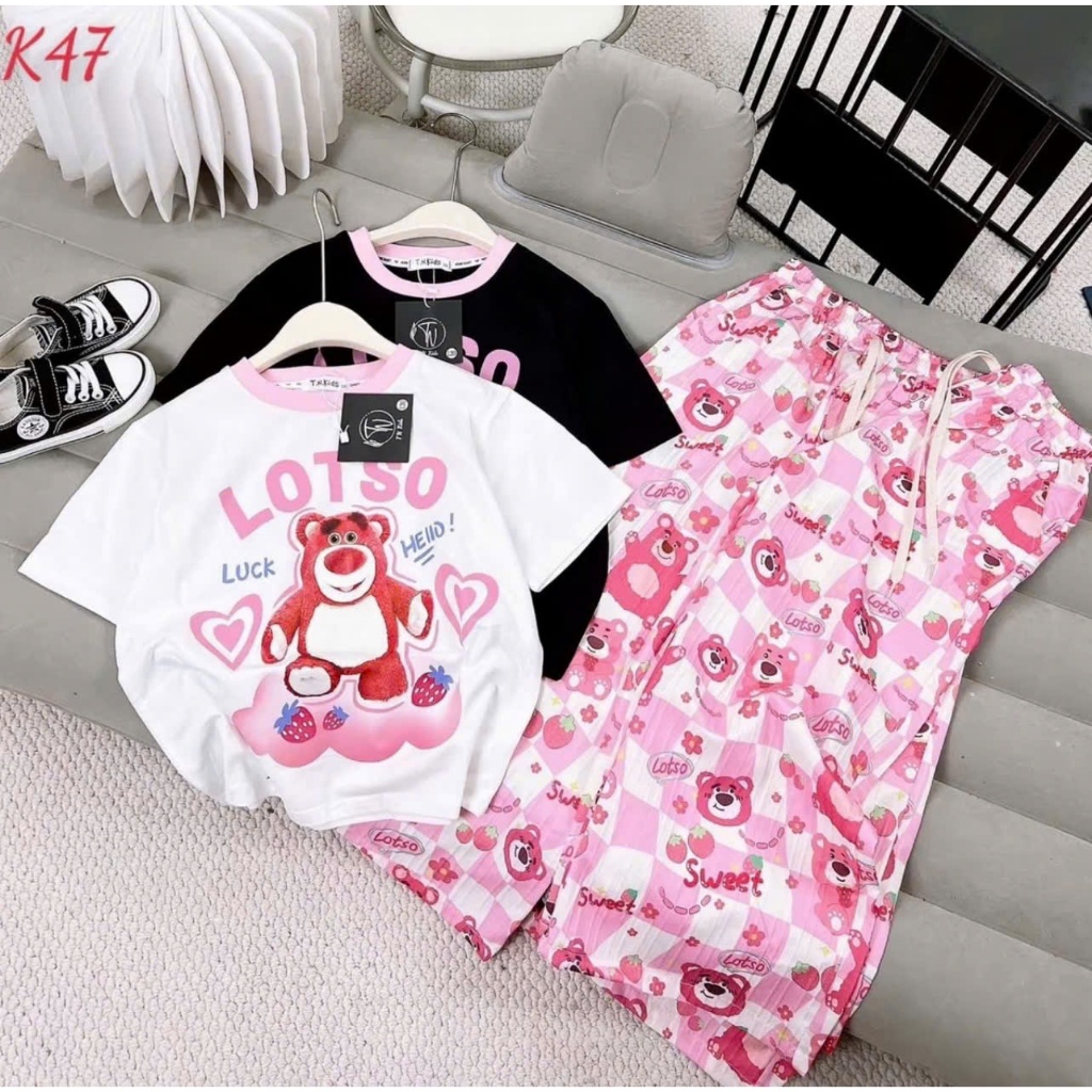 BỘ ĐỒ CHO BÉ GÁI QUẦN SUÔNG ỐNG RỘNG PHỐI VỚI ÁO THUN CỘC TAY IN HÌNH GẤU LOTSO CÓ 2 MẦU DÀNH CHO BÉ GÁI sz từ 14-45kg