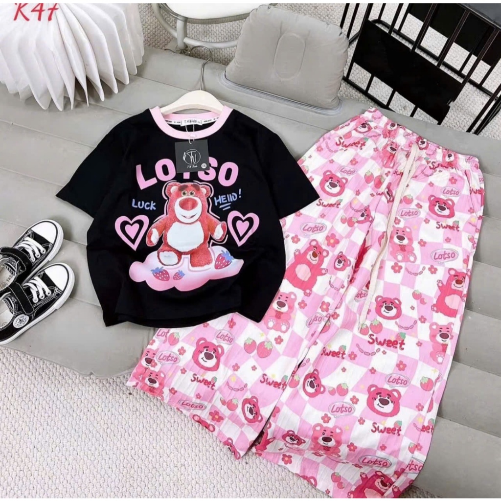 BỘ ĐỒ CHO BÉ GÁI QUẦN SUÔNG ỐNG RỘNG PHỐI VỚI ÁO THUN CỘC TAY IN HÌNH GẤU LOTSO CÓ 2 MẦU DÀNH CHO BÉ GÁI sz từ 14-45kg