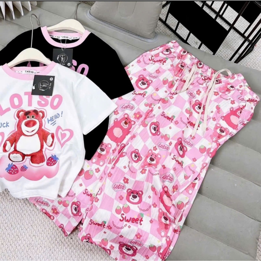 BỘ ĐỒ CHO BÉ GÁI QUẦN SUÔNG ỐNG RỘNG PHỐI VỚI ÁO THUN CỘC TAY IN HÌNH GẤU LOTSO CÓ 2 MẦU DÀNH CHO BÉ GÁI sz từ 14-45kg