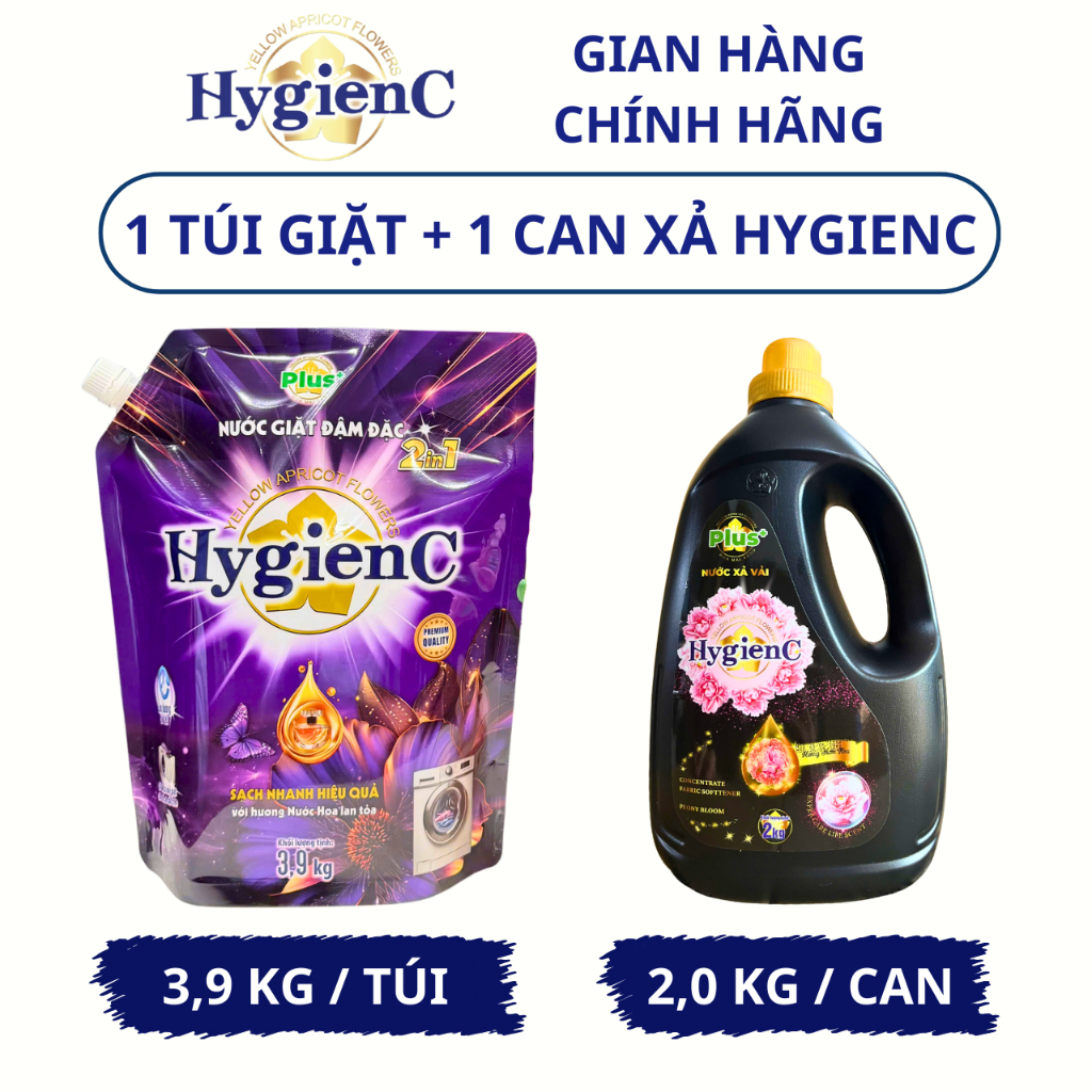 [MỚI] Bộ Đôi Giặt - Xả HygienC Plus: 1 Túi Nước Giặt (3,9kg) + 1 Can Nước Xả Vải (2,0kg)