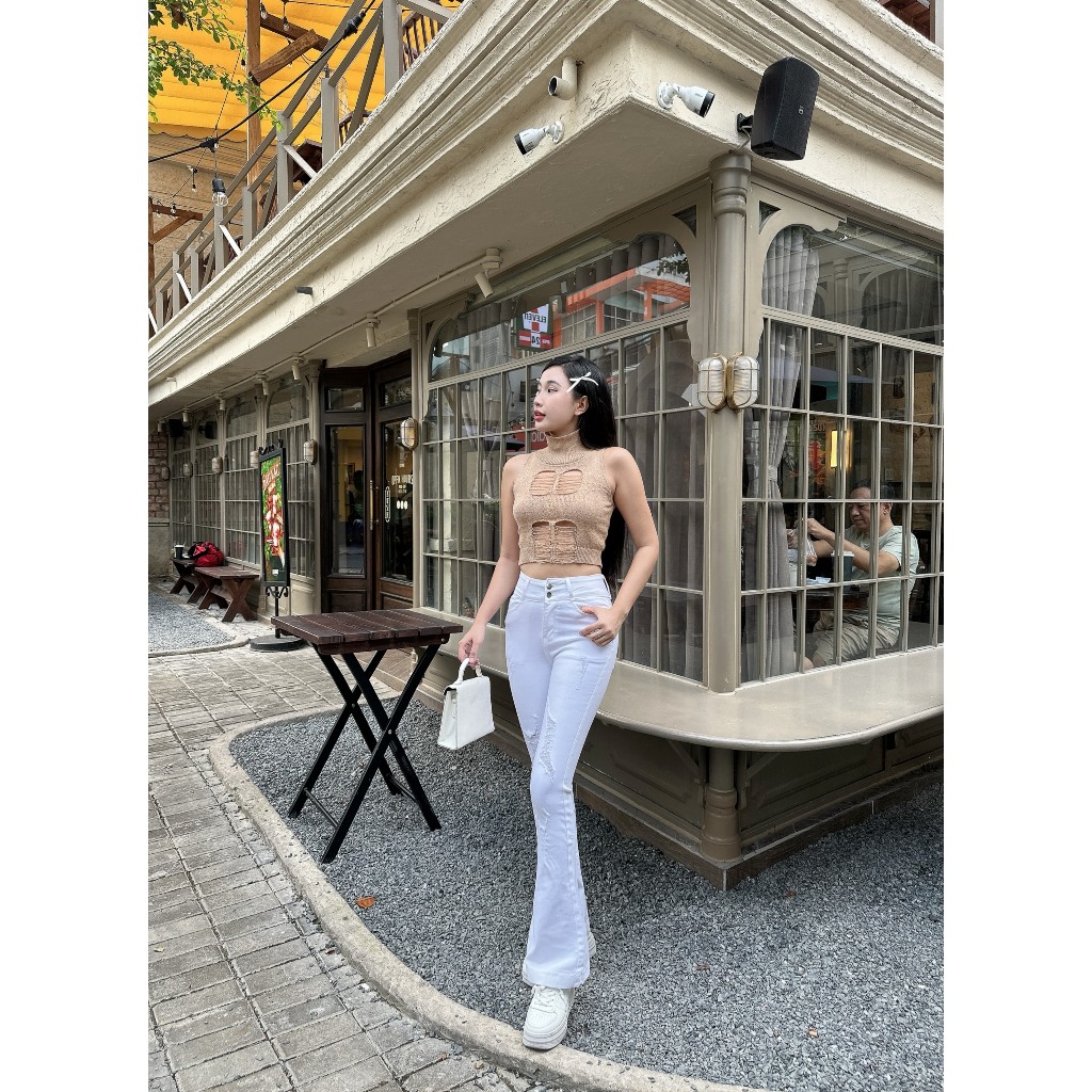 [98-100cm] Quần Jeans Nữ Lưng Cao Ốn Loe Dài Màu Trắng Phối Cào Rách thời Trang Co giãn