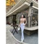 Quần Jeans Nữ Lưng Cao Ốn Loe Dài Màu Trắng Phối Cào Rách thời Trang Co giãn
