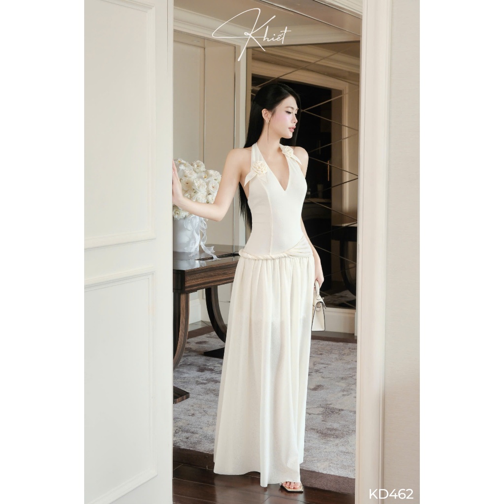 Đầm thun Khiết Style gạo trắng dáng dài maxi cổ yếm đính hoa 3D phong cách thanh lịch KD462
