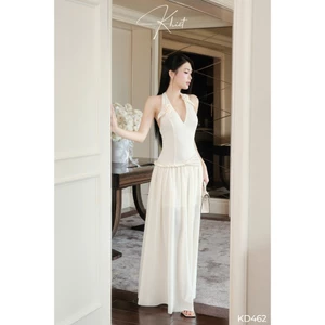 Đầm thun Khiết Style gạo trắng dáng dài maxi cổ yếm đính hoa 3D phong cách thanh lịch KD462