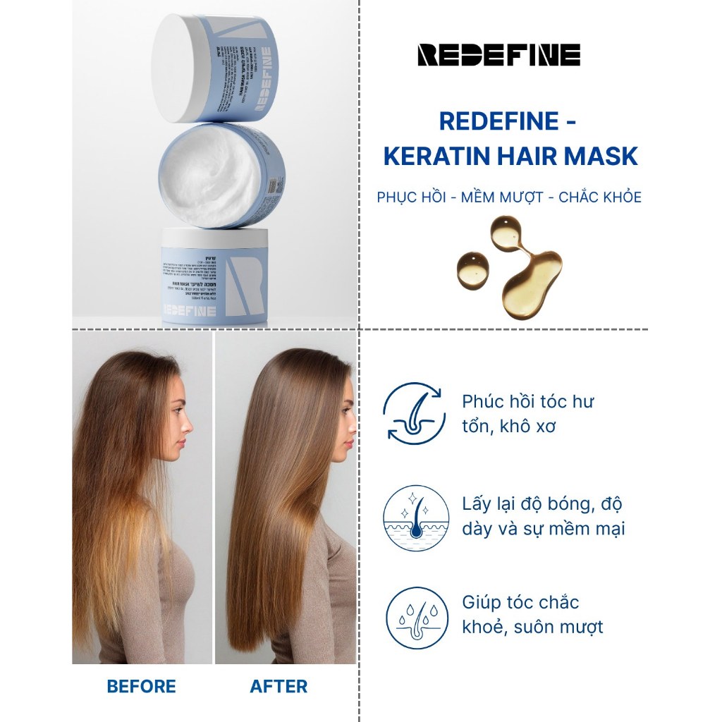 Kem ủ tóc REDEFINE-Keratin Hair Mask phục hồi chuyên sâu - Mặt nạ tóc Keratin cho tóc khô xơ, hư tổn (500ml)