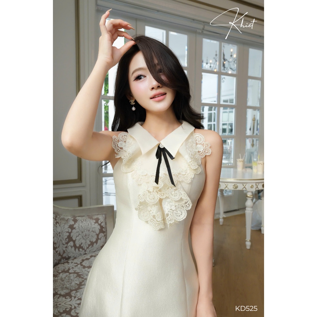 Đầm tiểu thư Khiết Style tafta nhũ phối bèo, phong cách cổ điển thanh lịch KD525