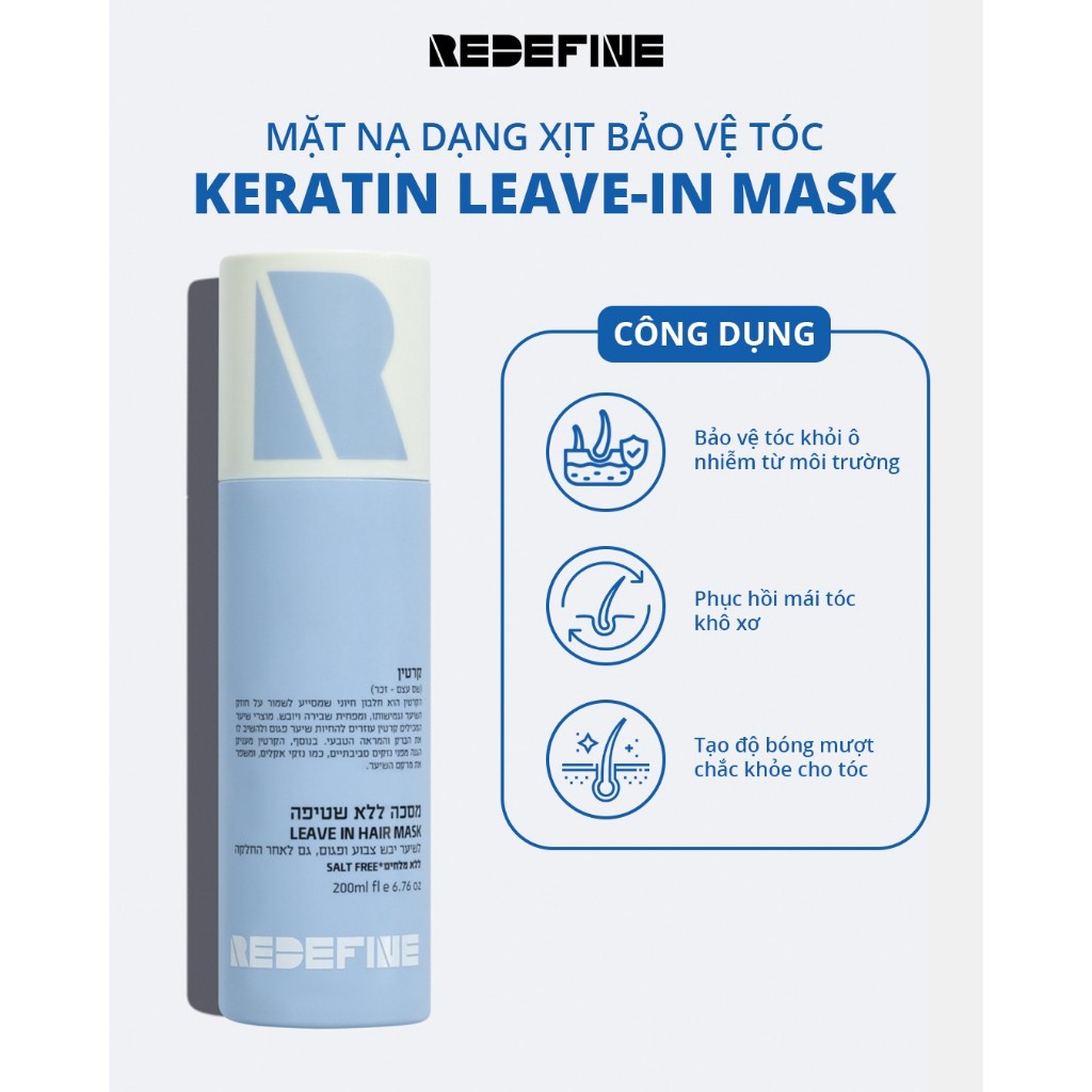 Mặt nạ ủ tóc REDEFINE-Keratin Leave-In phục hồi tóc hư tổn - Xịt dưỡng tóc cao cấp cho tóc khô xơ, nhuộm uốn (250ml)