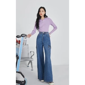 Quần Jeans Nữ Lưng Cao Ống rộng Dài 103cm Túi Hộp Tôn Dáng Thời Trang