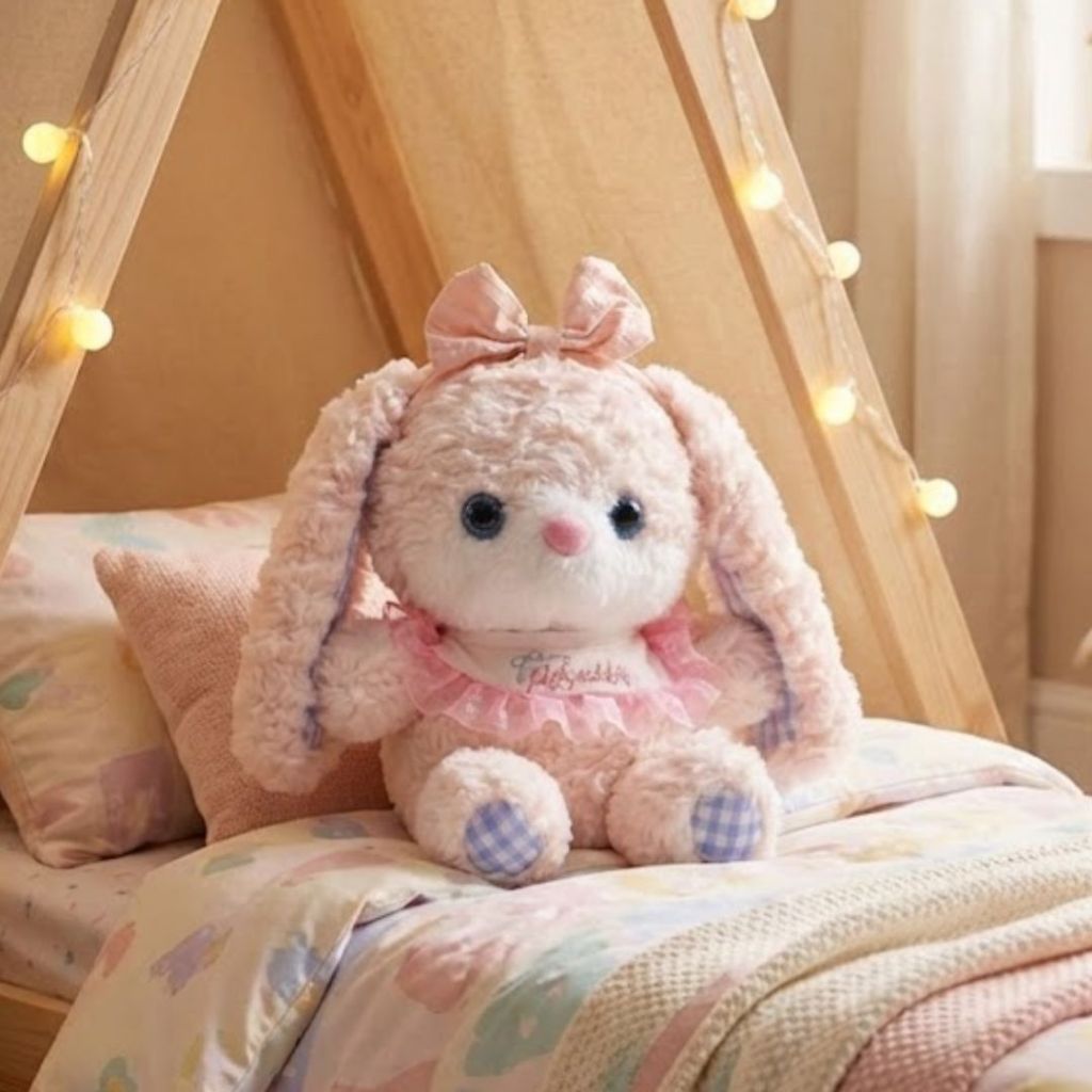 Gấu Bông Thỏ Hồng Tai Dài Đeo Yếm Dễ Thương, Thỏ Bông Lông Xù Hồng Làm Quà Tặng Sinh Nhật Cho Bạn Gái, Bé Gái