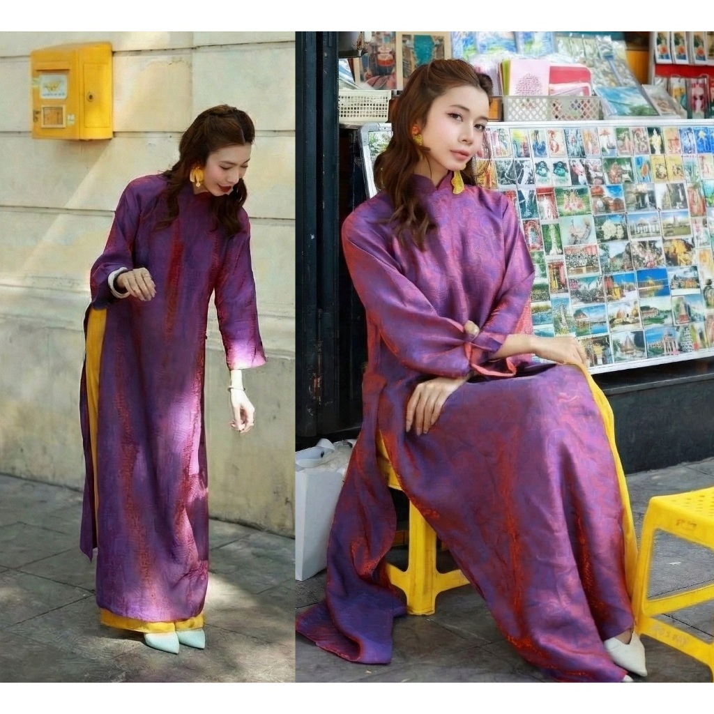 Set áo dài cách tân suông chất tằm óng cao cổ hot hit tay lỡ nhiều màu + Quần ống rộng mặc Tết Lễ truyền thống T1478G