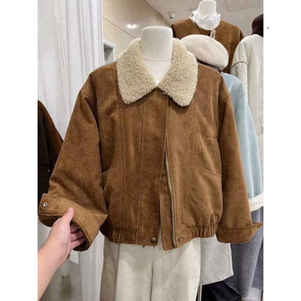 Áo da lôn cổ phối lông cừu hai lớp lót gió, áp khoác mùa đông ấm LABEL K14