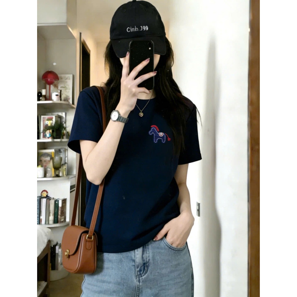 Áo thun nữ màu xanh đậm in hình ngựa mặc Tết JULY FASHION, Áo cotton basic in hình chất thun dày dặn, thấm mồ hôi
